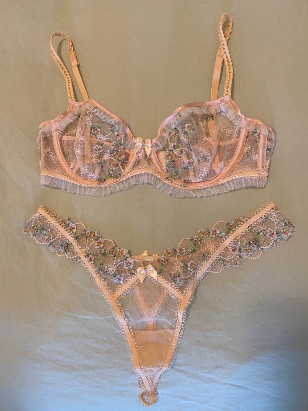 For Love And Lemons Peach Embroidered Sheer Bra & Thong Set